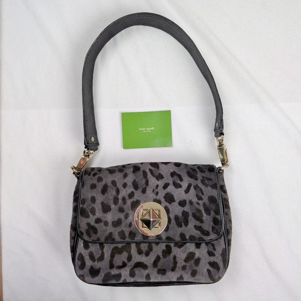 Kate Spade Gray Leopard Print Calf Hair Shoulder Bag Gold Turn Lock Preppy